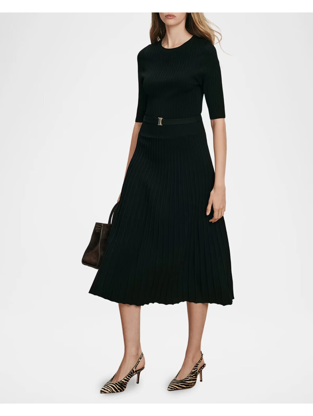 New/missing belt, Veronica Beard Elthea Knit Midi Dress in Black Sz L #MD2648